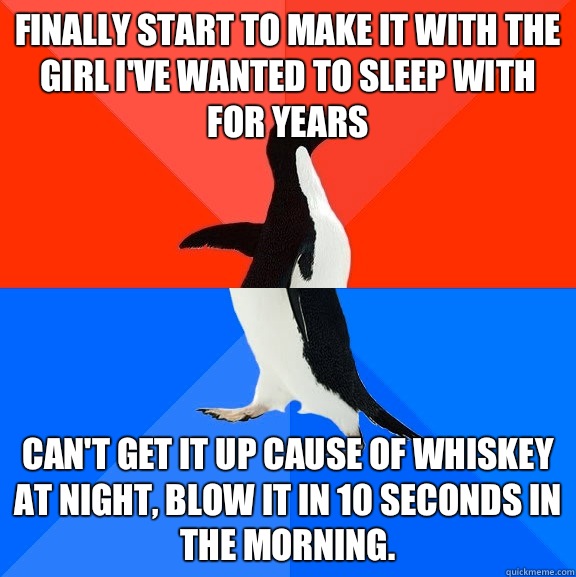 Finally start to make it with the girl I've wanted to sleep with for years Can't get it up cause of whiskey at night, blow it in 10 seconds in the morning.  Socially Awesome Awkward Penguin