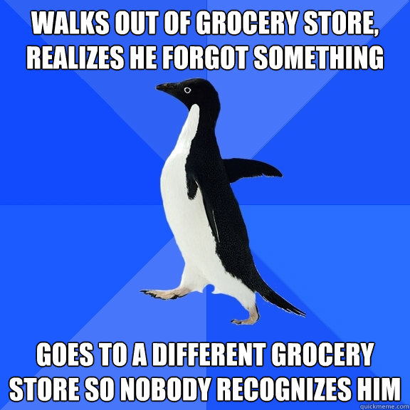 walks out of grocery store, realizes he forgot something goes to a different grocery store so nobody recognizes him  Socially Awkward Penguin