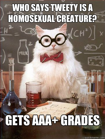 who says tweety is a homosexual creature?

 gets AAA+ grades  Science Cat
