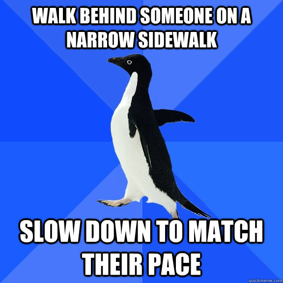 Walk behind someone on a narrow sidewalk Slow down to match their pace  Socially Awkward Penguin
