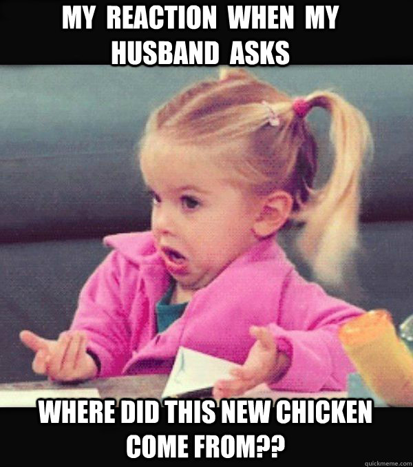 My  reaction  when  my  husband  asks Where did this new chicken     come from??  Dafuq little girl