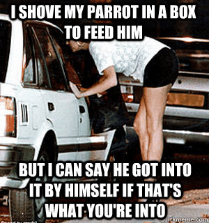 I shove my parrot in a box to feed him But I can say he got into it by himself if that's what you're into  Karma Whore