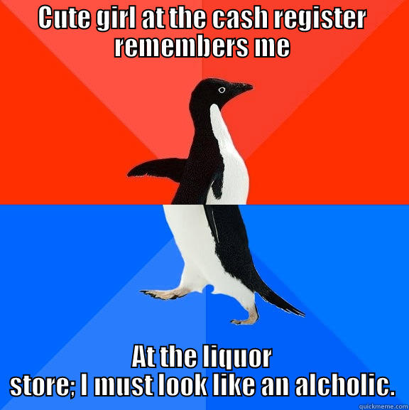 CUTE GIRL AT THE CASH REGISTER REMEMBERS ME AT THE LIQUOR STORE; I MUST LOOK LIKE AN ALCHOLIC. Socially Awesome Awkward Penguin