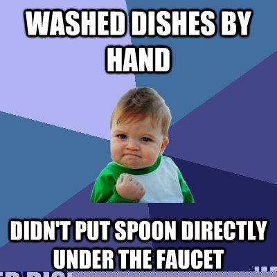 washed dishes by hand didn't put spoon directly under the faucet  Success Kid