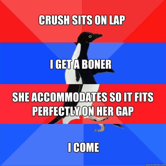 CRUSH SITS ON LAP I GET A BONER SHE ACCOMMODATES SO IT FITS PERFECTLY ON HER GAP I COME  