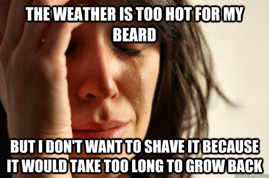 THE WEATHER IS TOO HOT FOR MY BEARD BUT I DON'T WANT TO SHAVE IT BECAUSE IT WOULD TAKE TOO LONG TO GROW BACK  First World Problems