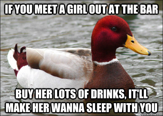 If you meet a girl out at the bar Buy her lots of drinks, it'll make her wanna sleep with you  Malicious Advice Mallard
