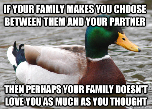 If your family makes you choose between them and your partner then perhaps your family doesn't love you as much as you thought - If your family makes you choose between them and your partner then perhaps your family doesn't love you as much as you thought  Actual Advice Mallard