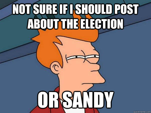 not sure if i should post about the election or sandy  Futurama Fry
