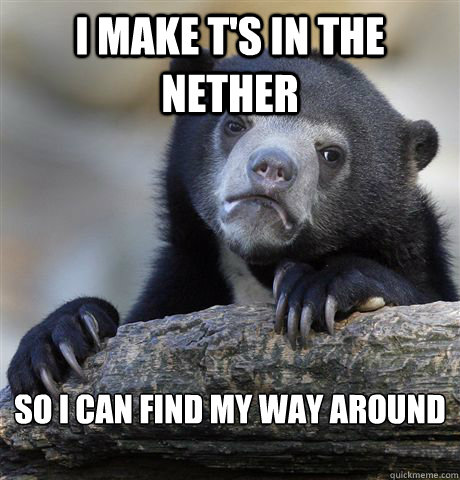 I make T's in the Nether So I can find my way around
   Confession Bear