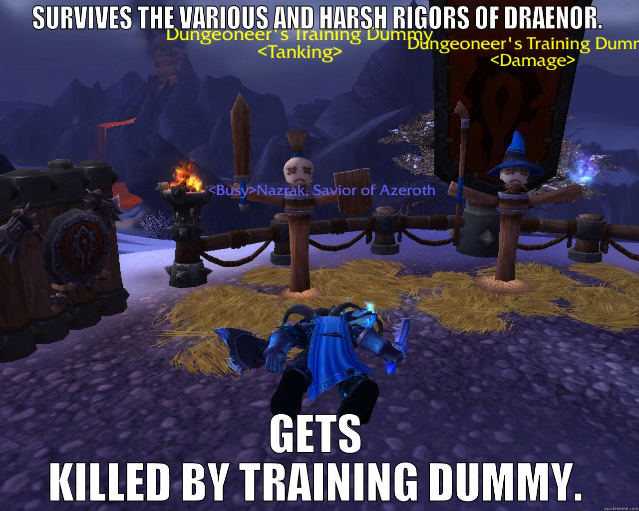 SURVIVES THE VARIOUS AND HARSH RIGORS OF DRAENOR. GETS KILLED BY TRAINING DUMMY. Misc