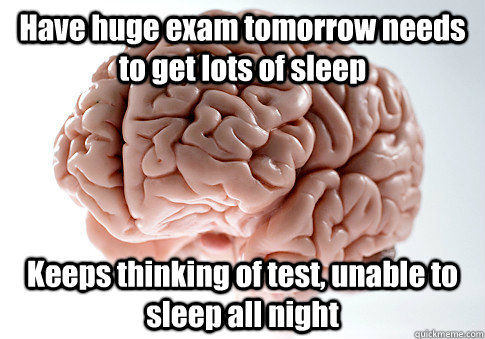 Have huge exam tomorrow needs to get lots of sleep Keeps thinking of test, unable to sleep all night   Scumbag Brain