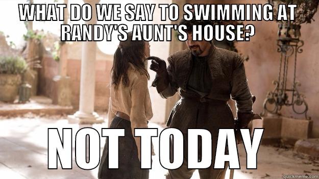 WHAT DO WE SAY TO SWIMMING AT RANDY'S AUNT'S HOUSE? NOT TODAY Arya not today