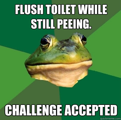 Flush toilet while still peeing. challenge accepted  Foul Bachelor Frog