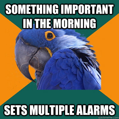 something important in the morning sets multiple alarms  Paranoid Parrot