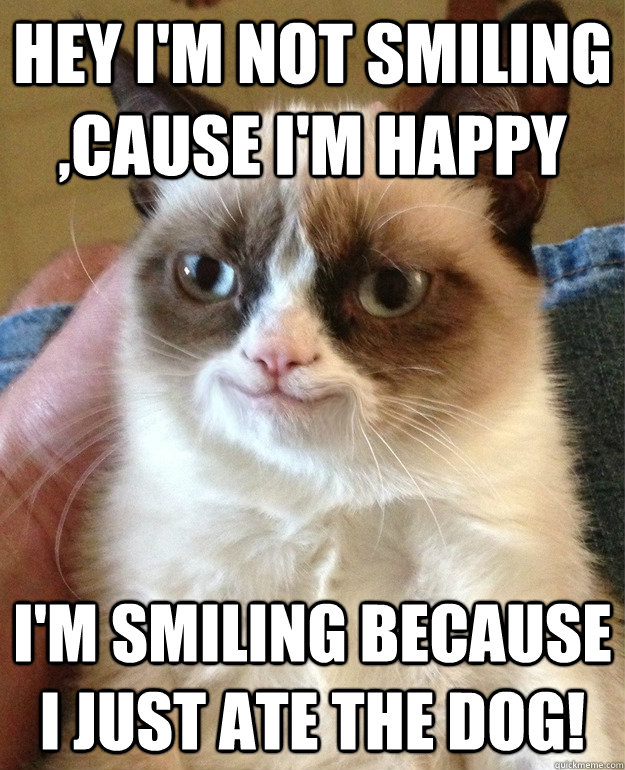 HEY I'M NOT SMILING ,CAUSE I'M HAPPY I'M SMILING BECAUSE I JUST ATE THE DOG! - HEY I'M NOT SMILING ,CAUSE I'M HAPPY I'M SMILING BECAUSE I JUST ATE THE DOG!  smug grumpy cat