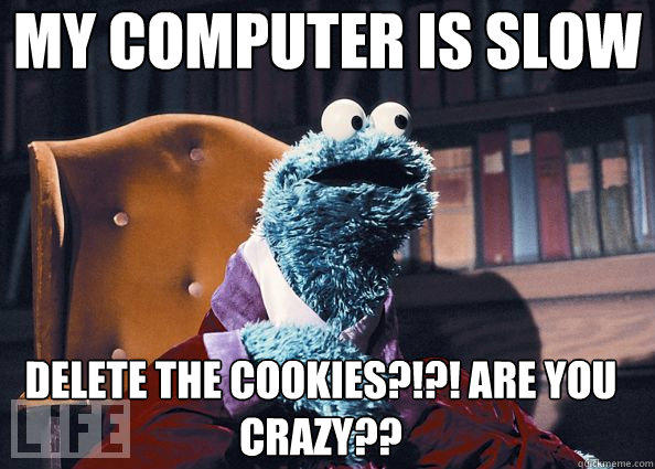 my computer is slow delete the cookies?!?! ARE YOU CRAZY?? - my computer is slow delete the cookies?!?! ARE YOU CRAZY??  Cookie Monster