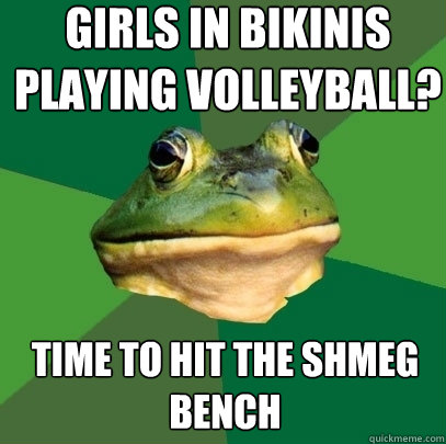 Girls in bikinis playing volleyball? Time to hit the shmeg bench  Foul Bachelor Frog