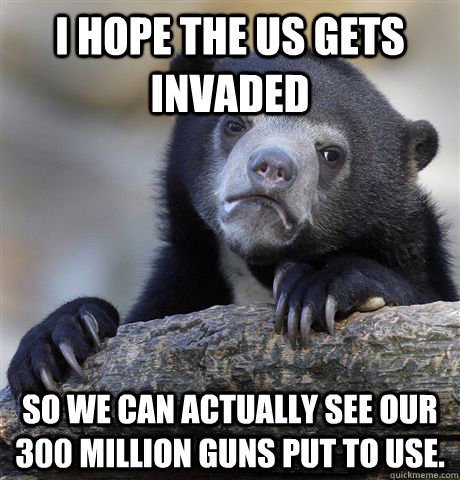 I hope the US gets invaded so we can actually see our 300 million guns put to use.  Confession Bear