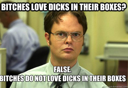 Bitches love dicks in their boxes? False.
Bitches do not love dicks in their boxes  Schrute