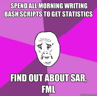 spend all morning writing bash scripts to get statistics find out about sar, fml -  spend all morning writing bash scripts to get statistics find out about sar, fml  LIfe is Confusing