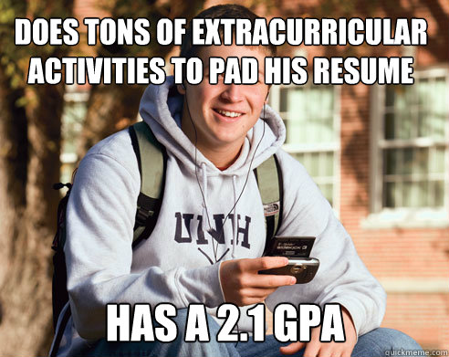 does tons of extracurricular activities to pad his resume has a 2.1 gpa   College Freshman
