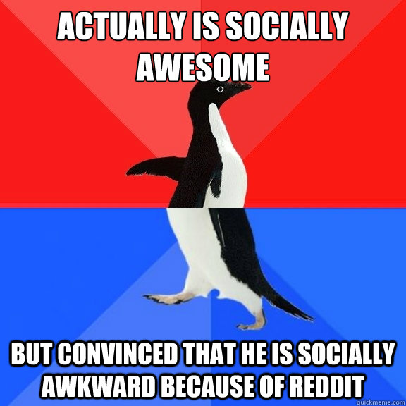 ACTUALLY IS SOCIALLY AWESOME BUT CONVINCED THAT HE IS SOCIALLY AWKWARD BECAUSE OF REDDIT  Socially Awksome Penguin