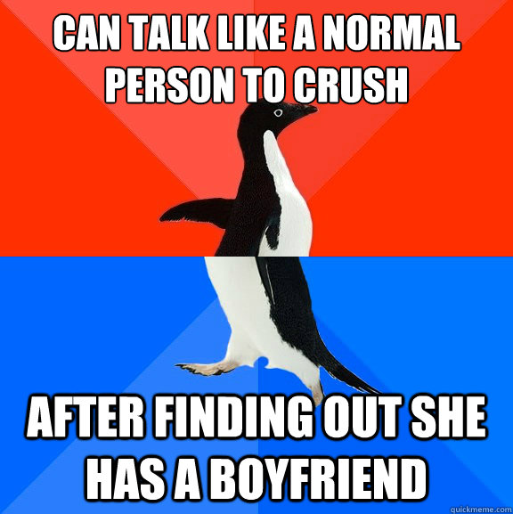 Can talk like a normal person to crush after finding out she has a boyfriend  Socially Awesome Awkward Penguin