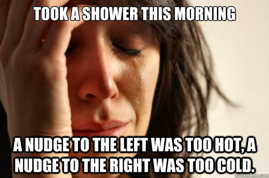 Took a Shower this morning A nudge to the left was too hot, a nudge to the right was too cold.  First World Problems