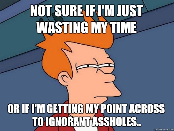 Not sure if I'm just wasting my time Or if I'm getting my point across to ignorant assholes..  Futurama Fry