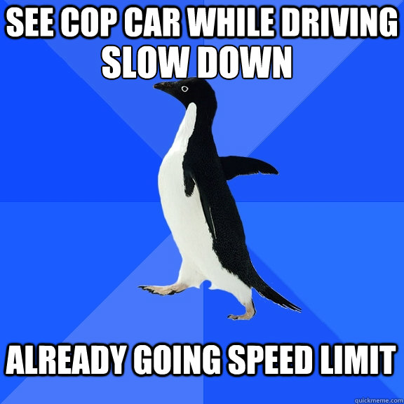 see cop car while driving slow down already going speed limit   Socially Awkward Penguin