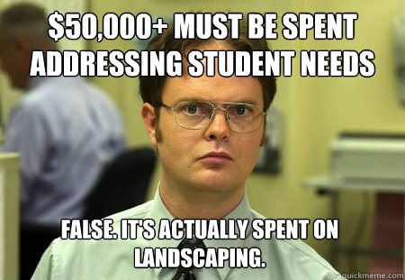 $50,000+ must be spent addressing student needs False. It's actually spent on landscaping.  Dwight