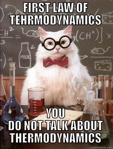 thermodynamics meme - FIRST LAW OF TEHRMODYNAMICS YOU DO NOT TALK ABOUT THERMODYNAMICS Chemistry Cat