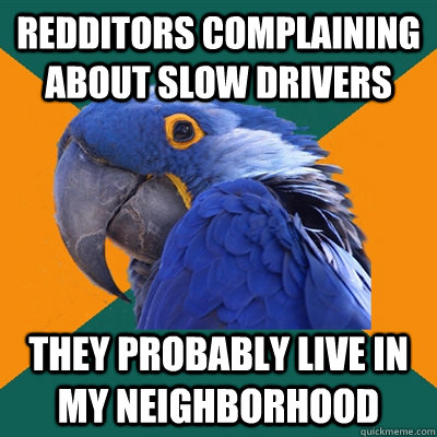 Redditors complaining about slow drivers They probably live in my neighborhood  Paranoid Parrot