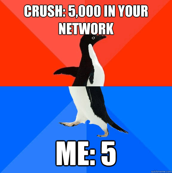 Crush: 5,000 in your network me: 5  Socially Awesome Awkward Penguin