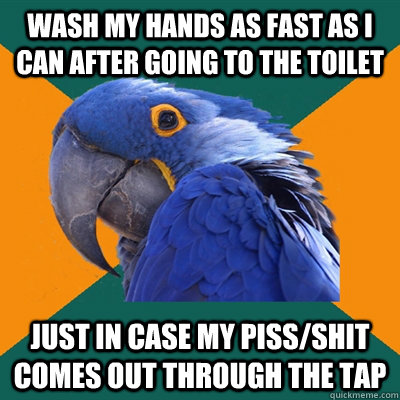 Wash my hands as fast as I can after going to the toilet just in case my piss/shit comes out through the tap  Paranoid Parrot