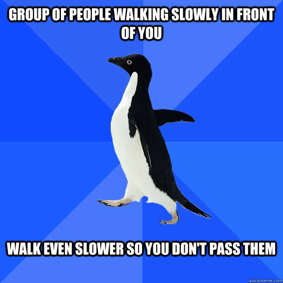 group of people walking slowly in front of you  walk even slower so you don't pass them   Socially Awkward Penguin