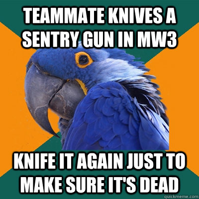 Teammate knives a sentry gun in MW3 Knife it again just to make sure it's dead  Paranoid Parrot