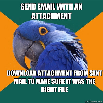 Send email with an attachment Download attachment from sent mail to make sure it was the right file  Paranoid Parrot