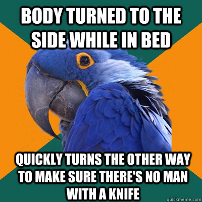 BODY TURNED TO THE SIDE WHILE IN BED QUICKLY TURNS THE OTHER WAY TO MAKE SURE THERE'S NO MAN WITH A KNIFE  Paranoid Parrot
