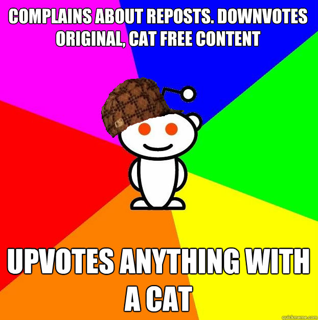 cOMPLAINS ABOUT REPOSTS. Downvotes original, cat free content UPVOTES ANYTHING WITH A CAT  Scumbag Redditor