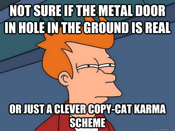 Not sure if the metal door in hole in the ground is real or just a clever copy-cat karma scheme  Futurama Fry