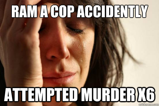 Ram a cop accidently Attempted murder x6  First World Problems