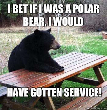 I bet if I was a polar bear, I would Have gotten service!  Bear  Picnic Table