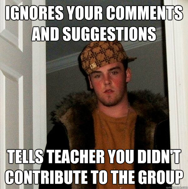 Ignores your comments and suggestions Tells teacher you didn't contribute to the group  Scumbag Steve