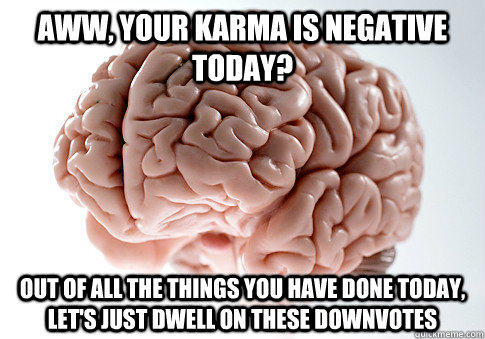 Aww, your karma is negative today? Out of all the things you have done today, let's just dwell on these downvotes  Scumbag Brain