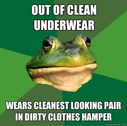 out of clean underwear wears cleanest looking pair in dirty clothes hamper  Foul Bachelor Frog