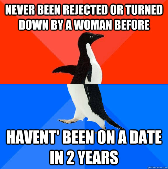 Never been rejected or turned down by a woman before Havent' been on a date in 2 years  Socially Awesome Awkward Penguin
