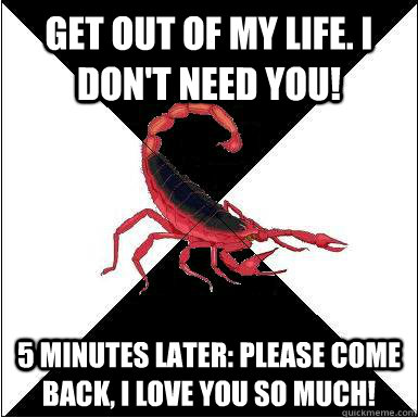 Get out of my life. I don't need you! 5 minutes later: Please come back, I love you so much!  Borderline scorpion