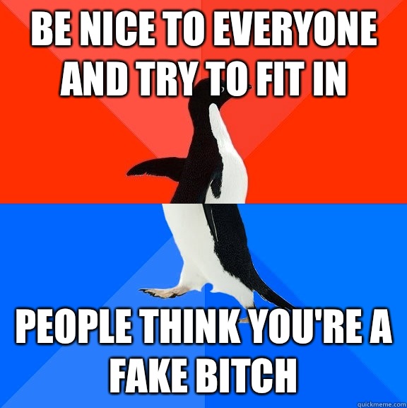 Be nice to everyone and try to fit in  People think you're a fake bitch   Socially Awesome Awkward Penguin